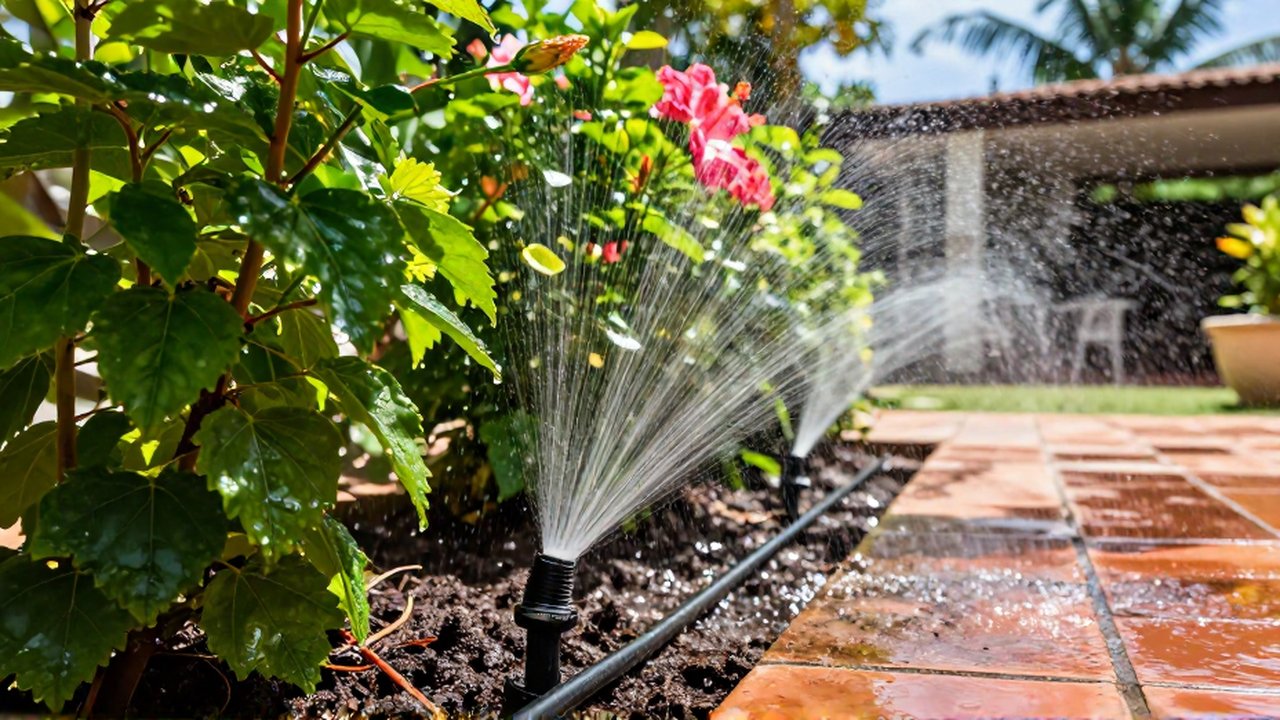 Black micro-tubing drips water onto the roots of vibrant hibiscus and tropical plants in a sunny garden.