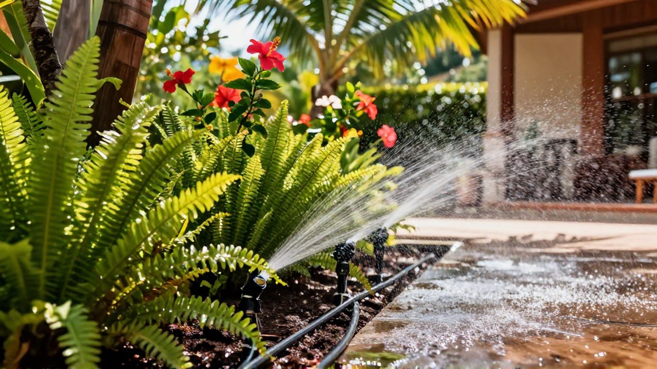 Fine droplets of water spray from black irrigation tubes onto lush tropical plants in a sunny garden.