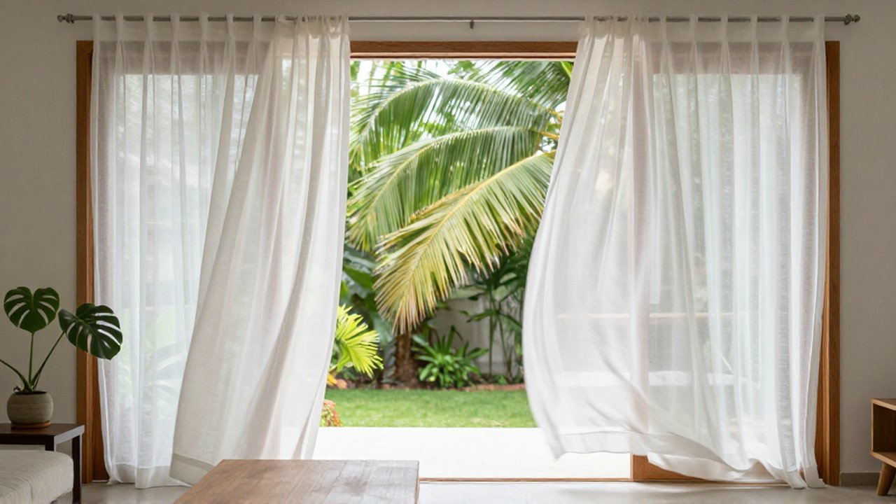 Sheer white curtains billow inward through an open wooden window into a bright, airy living room.