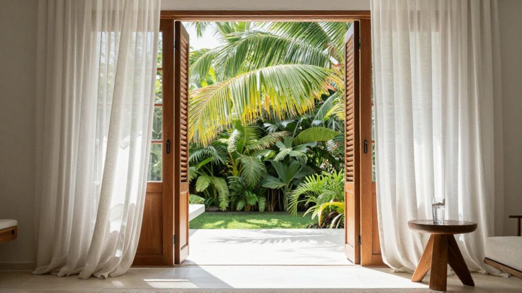 Open sliding glass doors in a villa lead to a lush tropical garden with swaying white curtains.