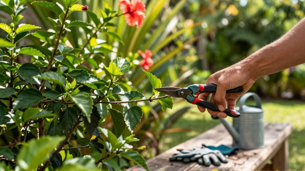 A gardener's hands use professional pruners to trim branches from a lush tropical shrub.