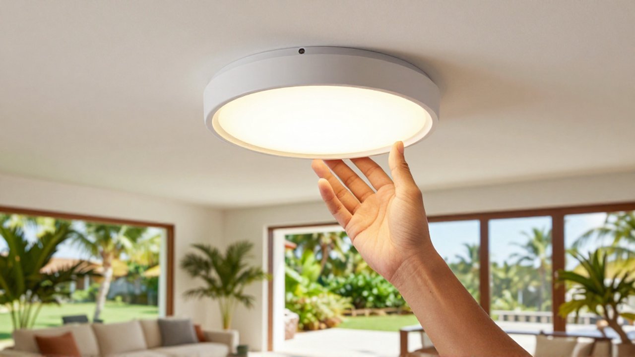 A hand switches on a sleek LED ceiling light in a bright, tropical living room.