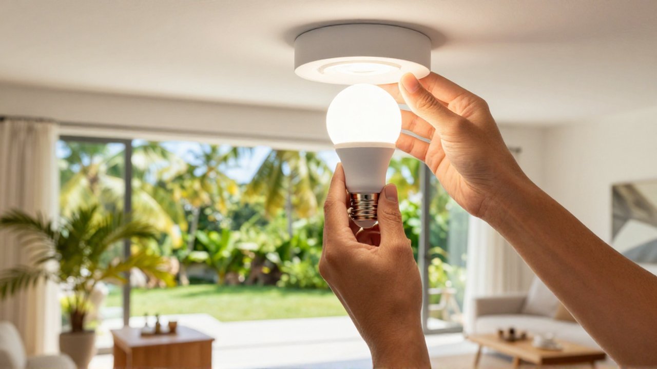 Hands install a modern LED bulb into a ceiling fixture in a sunlit tropical living room.