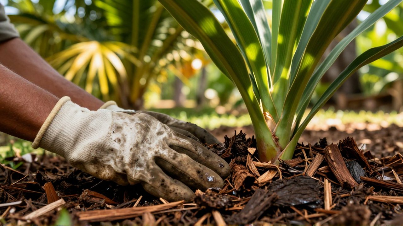 Weathered gardening gloves press dark organic wood mulch around the base of a tropical plant.