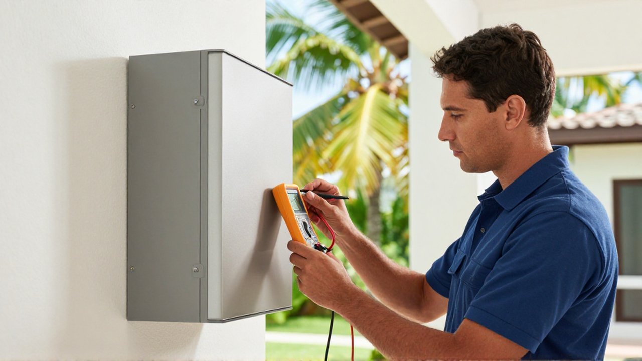 A professional technician uses a digital multimeter to inspect a wall-mounted lithium-ion battery in a modern home.