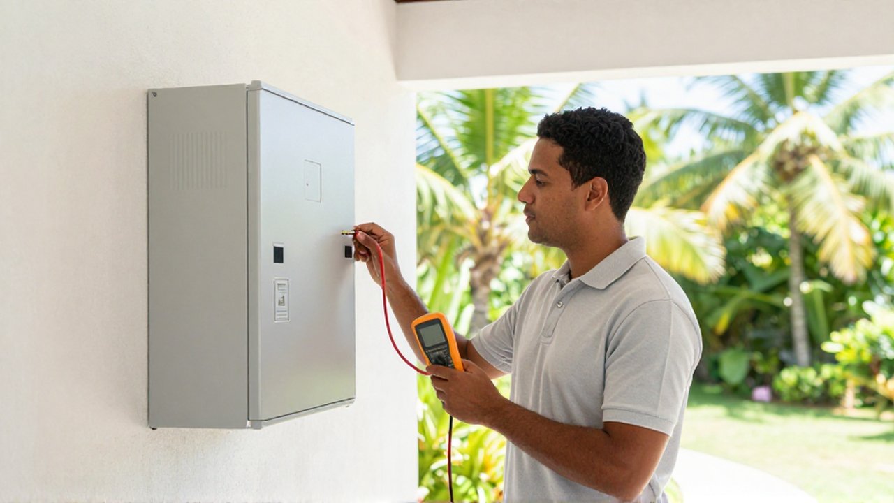 A technician uses a multimeter to inspect a modern lithium-ion battery unit in a bright utility room.