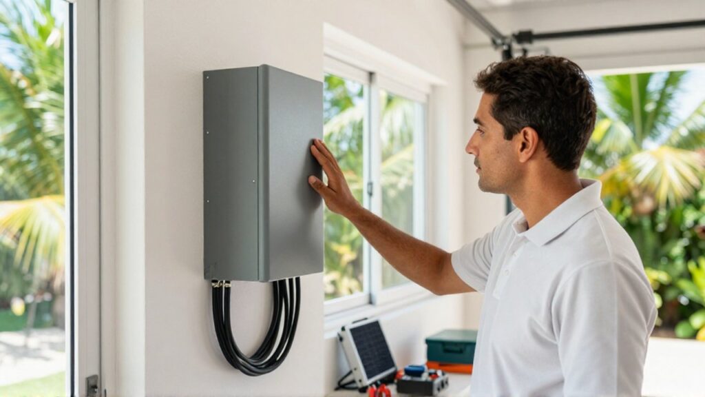 A technician inspects a wall-mounted lithium-ion battery and solar inverter in a bright utility room.
