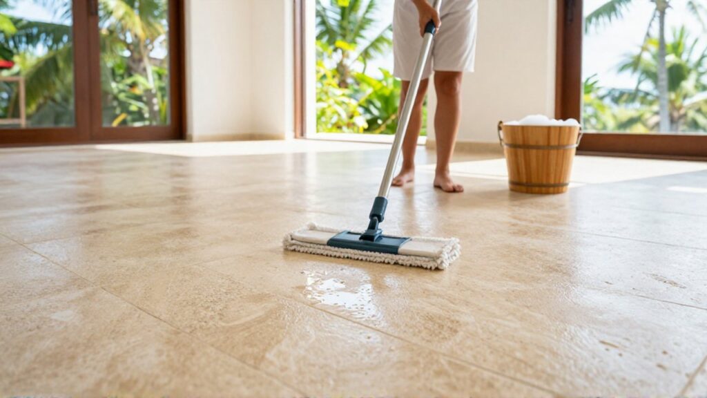 A housekeeper mops a polished travertine stone floor in a bright