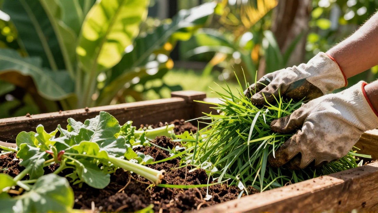 Weathered gardening gloves press green grass clippings and vegetable scraps into a wooden compost bin.