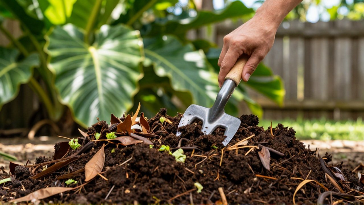 Hands use a metal garden fork to aerate a compost pile in a tropical garden.