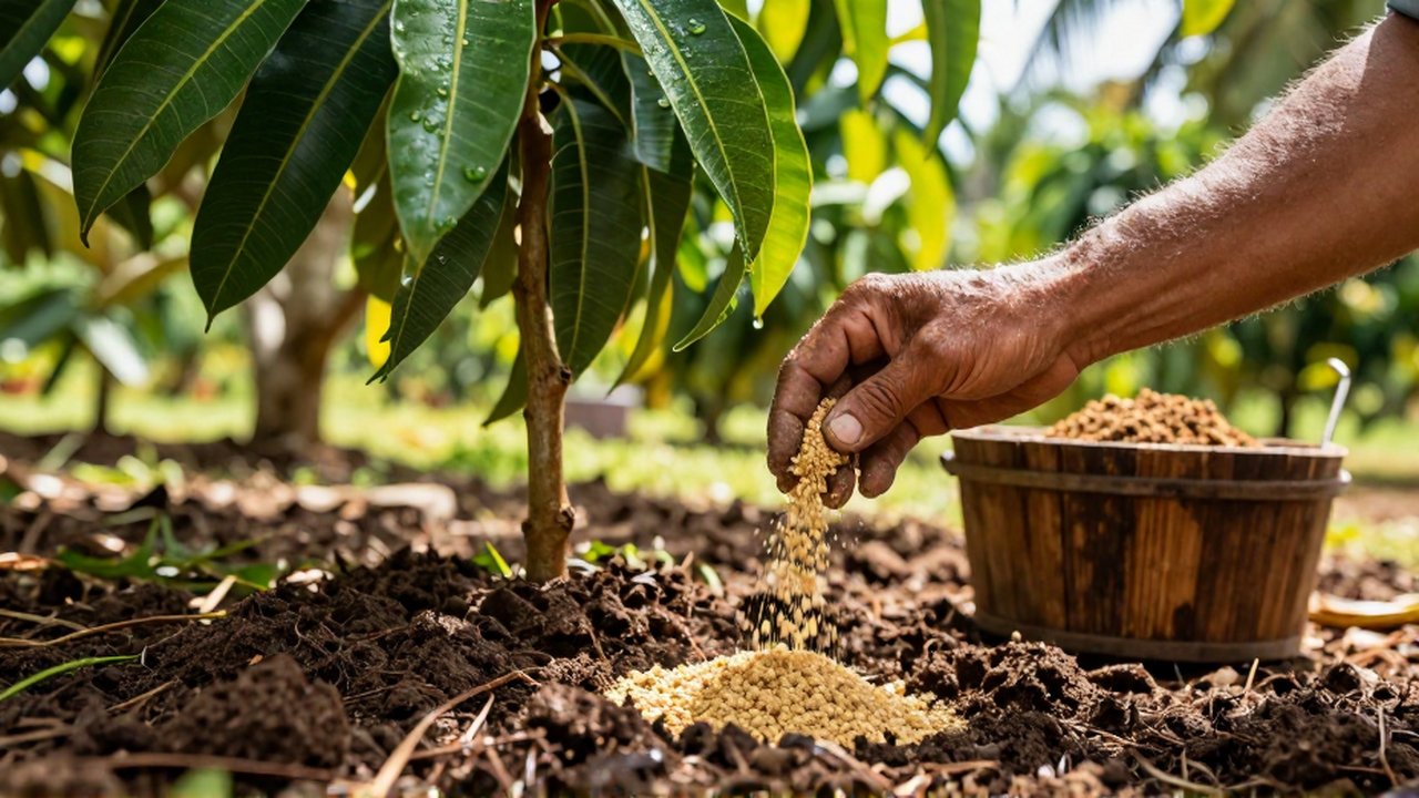 Weathered hands sprinkle granular fertilizer onto the dark, damp soil around a lush mango tree.