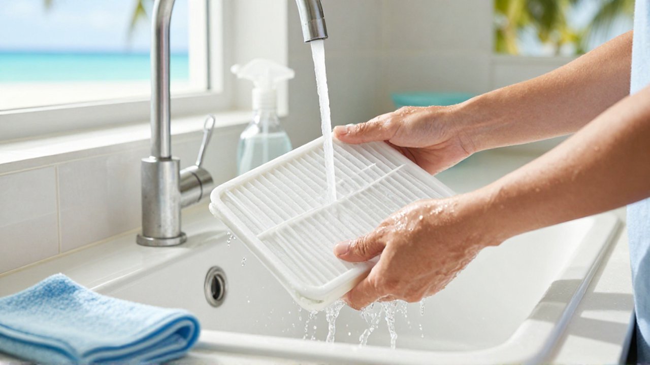 Hands rinse a pleated white air conditioner filter under running water in a bright sink.