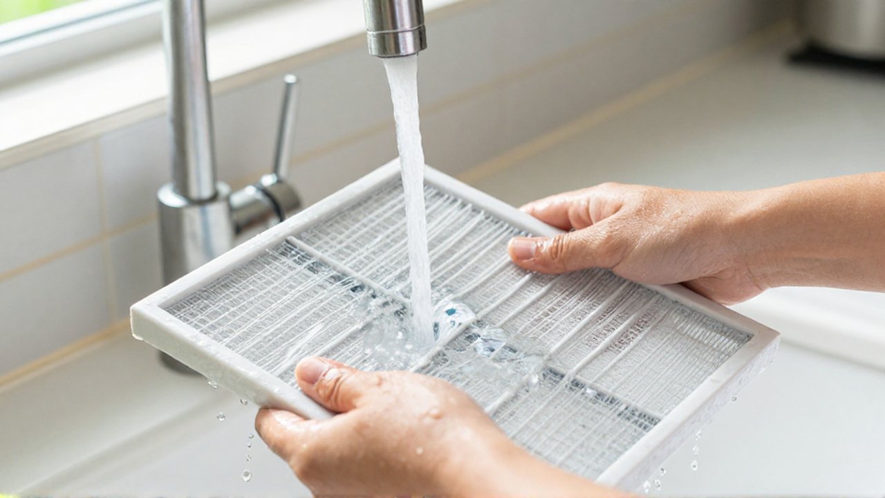Hands rinse a dusty white air conditioner filter under running water in a bright kitchen.
