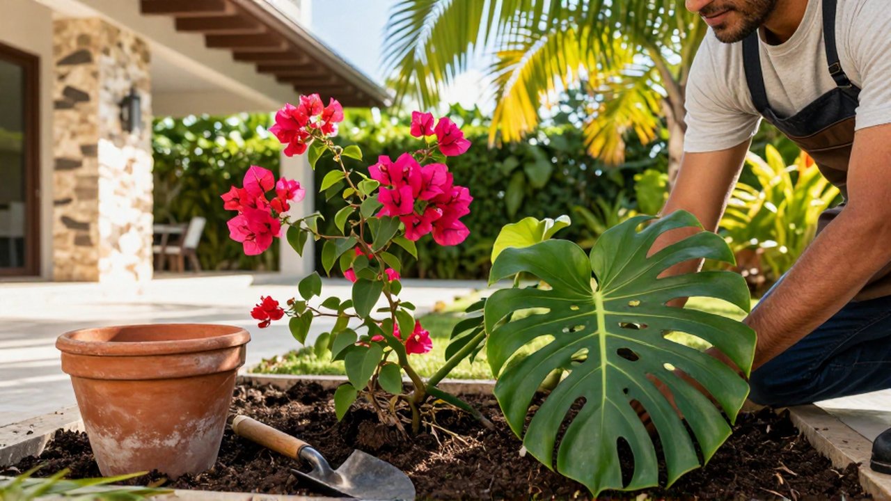 A gardener plants bougainvillea and Monstera deliciosa into a garden bed near a modern home.