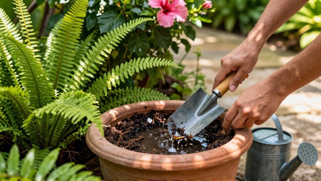 Hands use a gardening trowel to remove stagnant water and debris from a ceramic planter.
