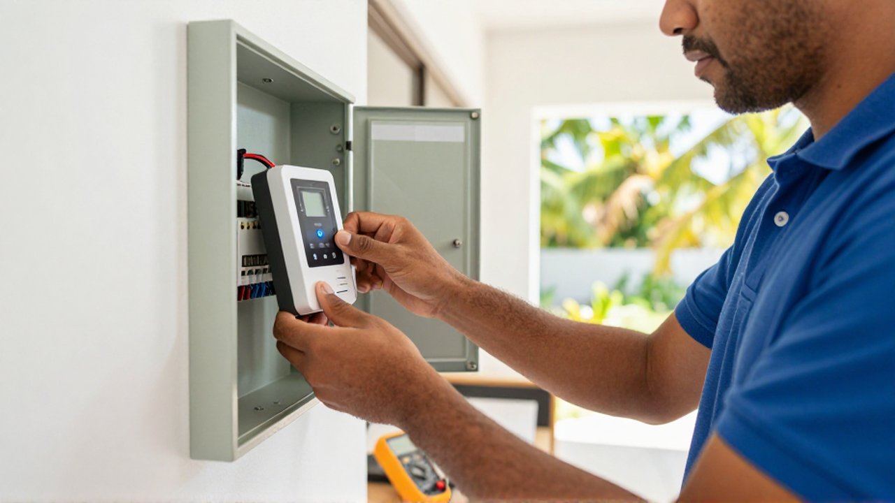 A technician installs a smart energy monitor into a residential electrical panel in a bright utility room.