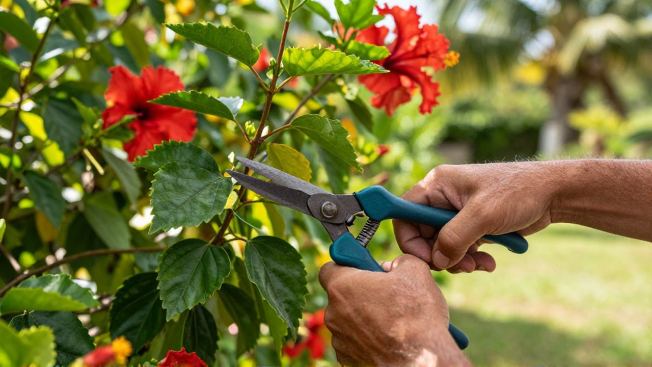 A gardener uses pruning shears to trim the branches of a blooming hibiscus bush.