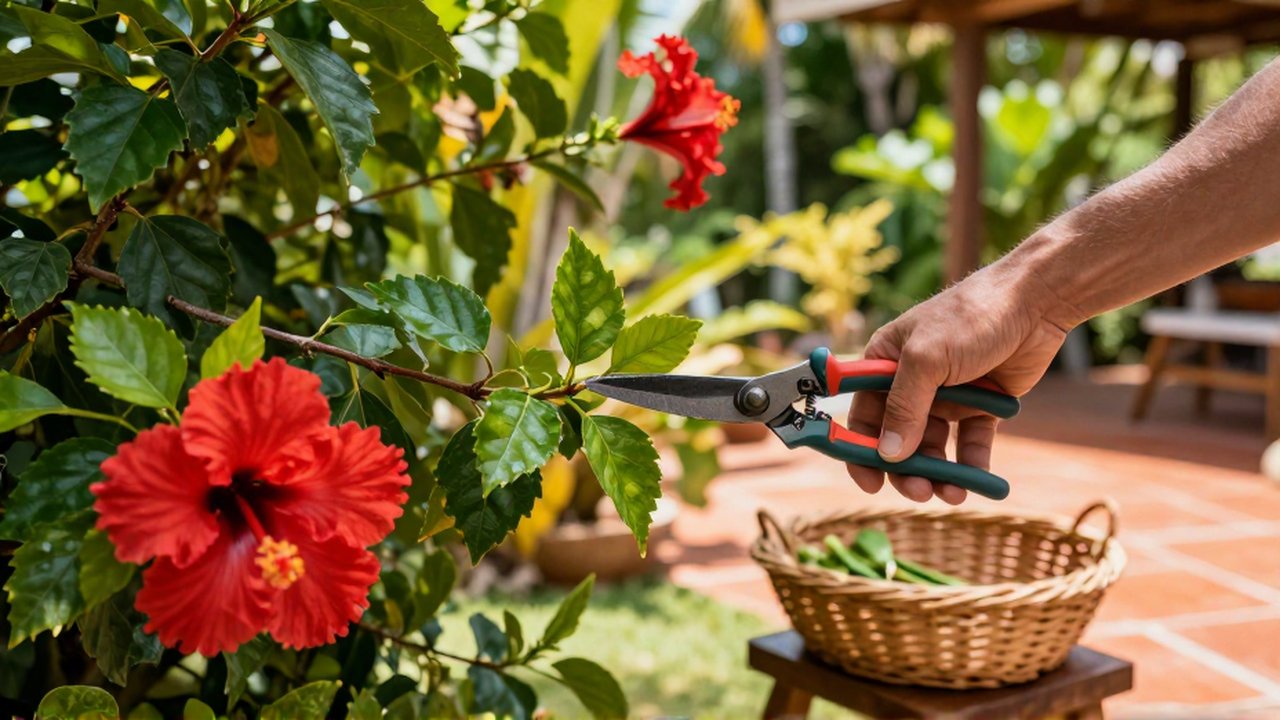 Gardener's hands use pruning shears to trim a branch of a flowering red hibiscus bush.