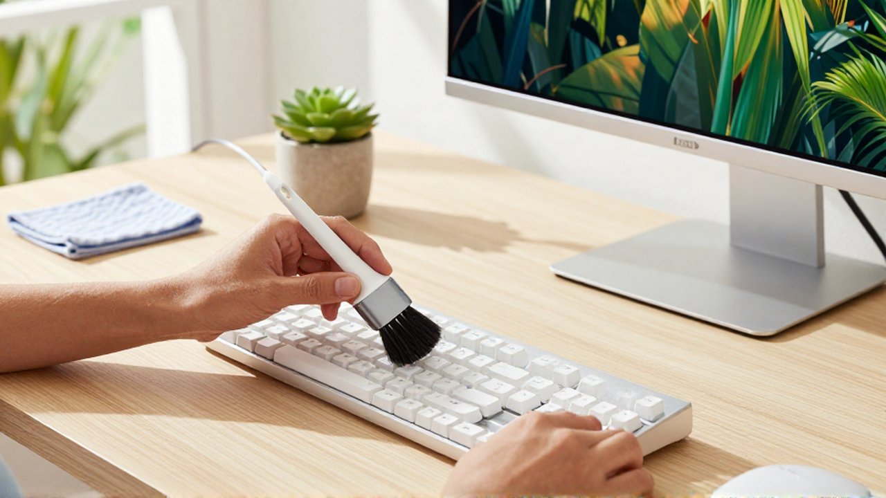 Hands use a fine-bristled brush to carefully clean a mechanical keyboard on a wooden desk.