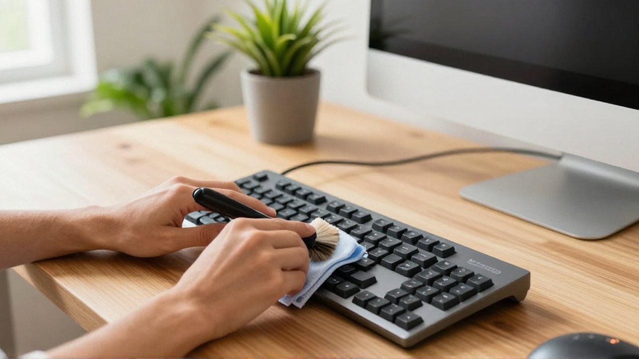 Hands use a small brush and microfiber cloth to clean a mechanical keyboard and monitor.