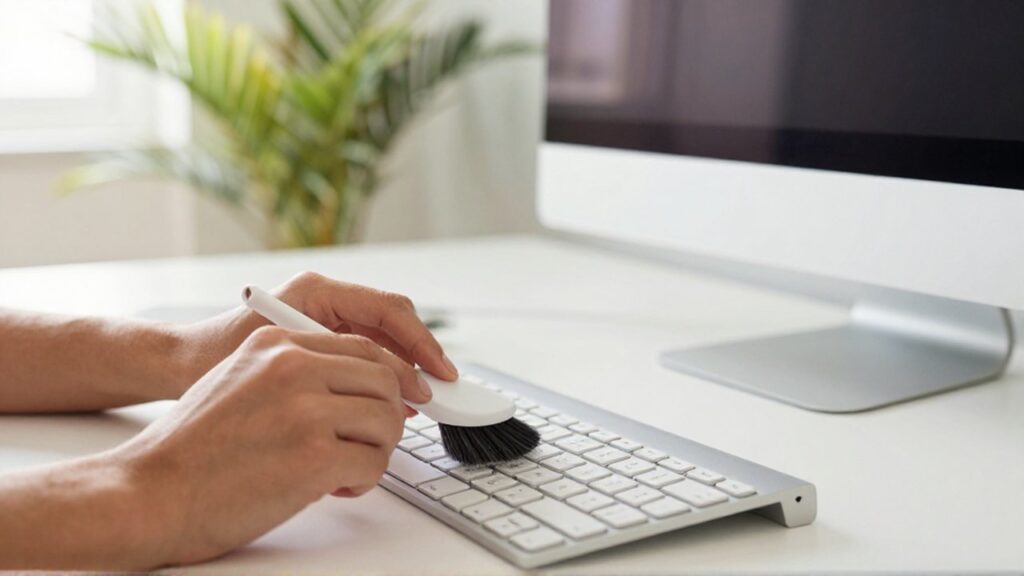 Hands use a small soft brush to carefully clean dust from a computer keyboard.