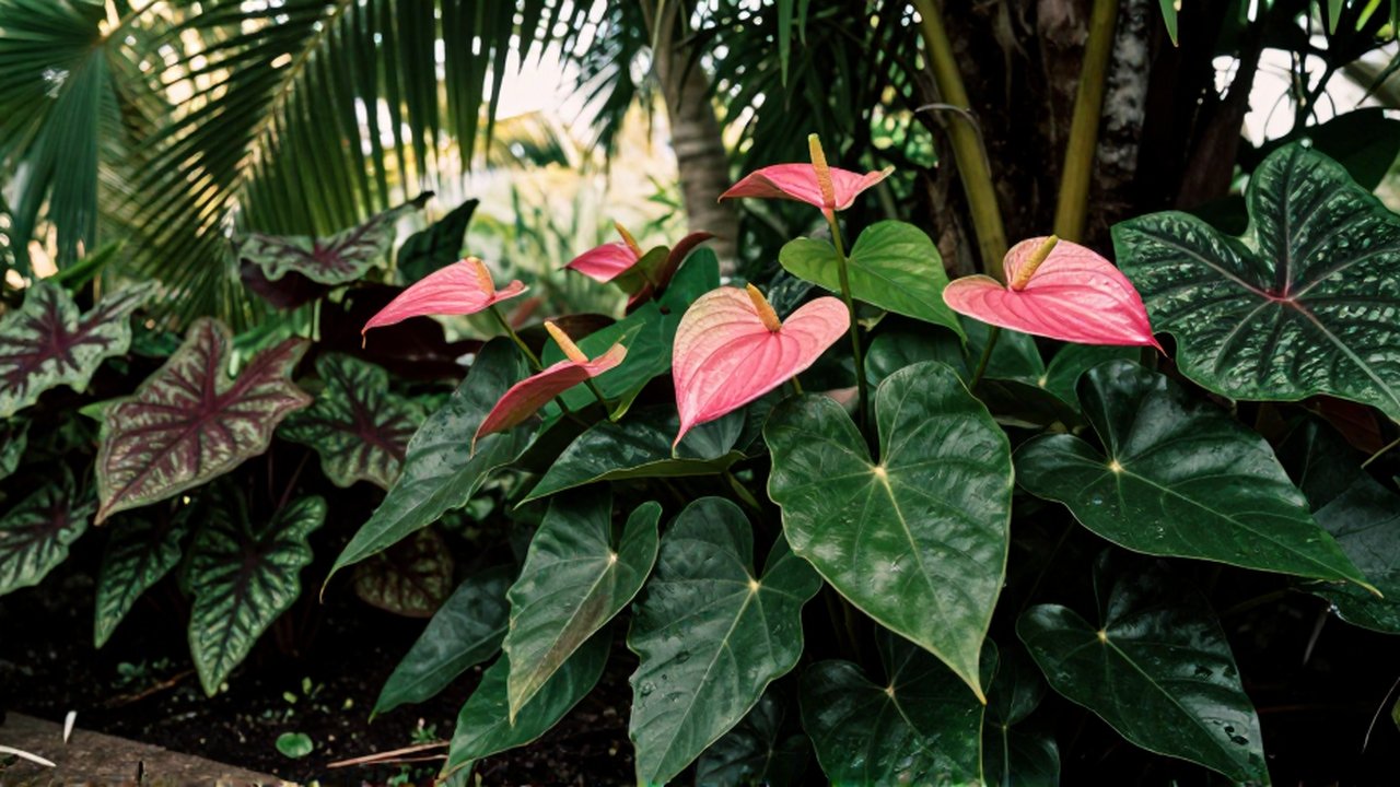 Vibrant pink Anthuriums and patterned Caladium leaves grow in a shaded tropical garden.
