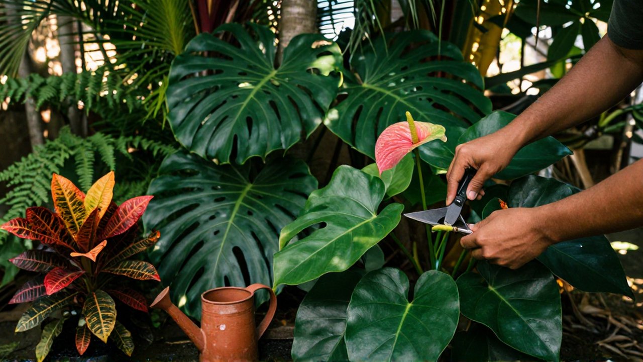 A person prunes a blooming red Anthurium amidst lush tropical foliage in a shaded garden.