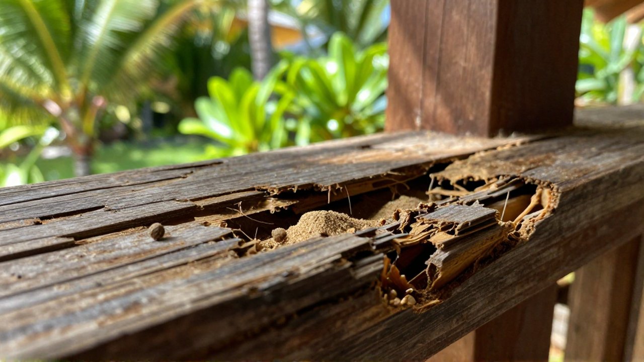 Macro close-up of weathered tropical wood showing termite tunnels and frass on a sunlit veranda.
