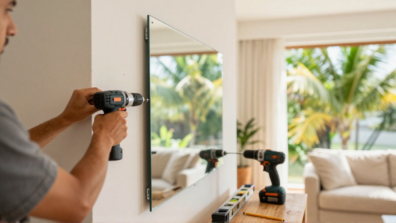 A person uses a cordless drill to mount a large mirror onto a drywall surface.