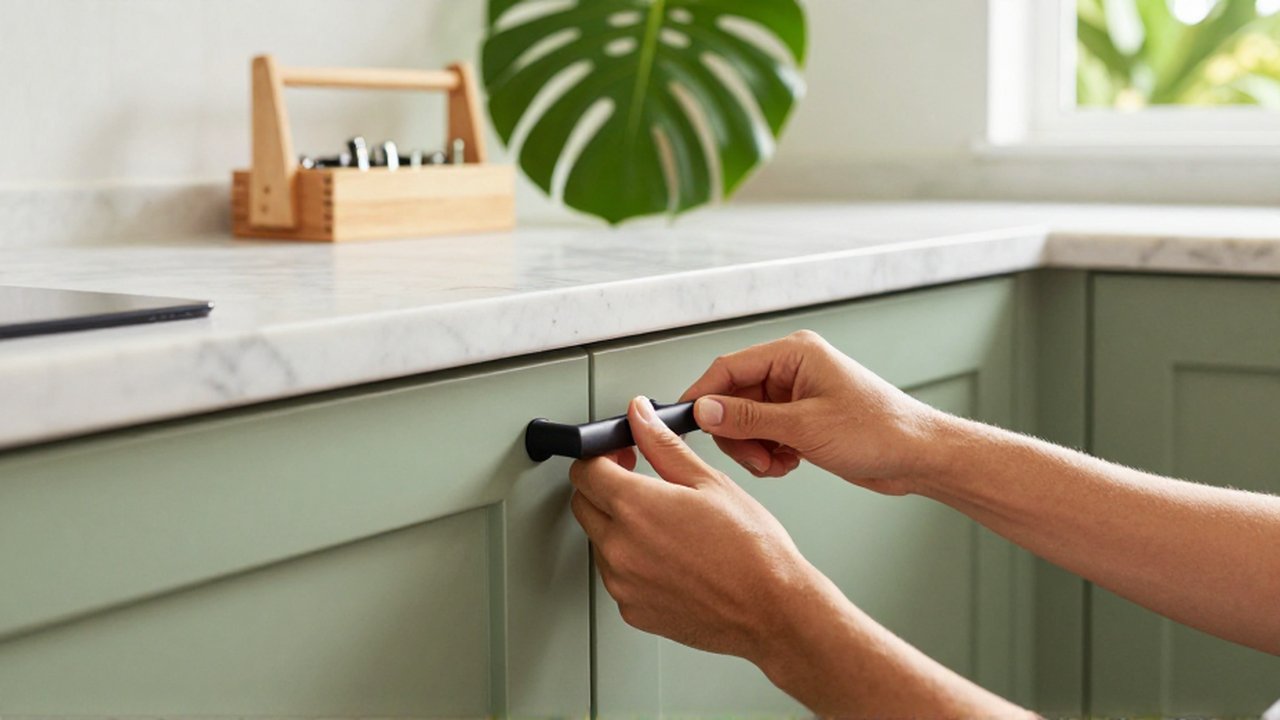 Hands install matte black handles onto sage green kitchen cabinets in a bright, sunny kitchen.