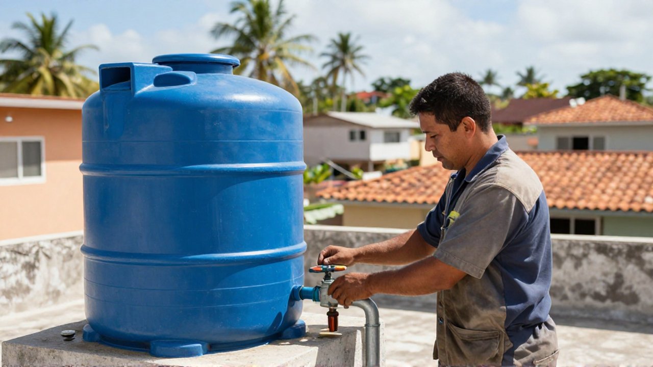 A maintenance worker inspects the plumbing of a large blue water tank on a rooftop.