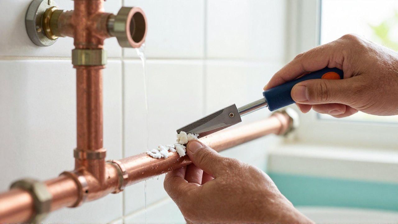 A plumber uses a specialized tool to clear white mineral buildup from inside a copper pipe.