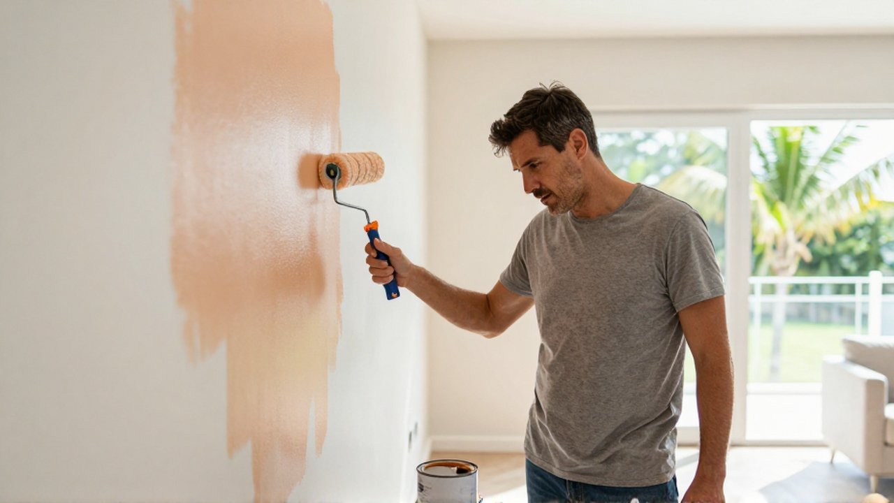 A frustrated man gestures toward a patchy, unevenly painted wall in a sunlit living room.