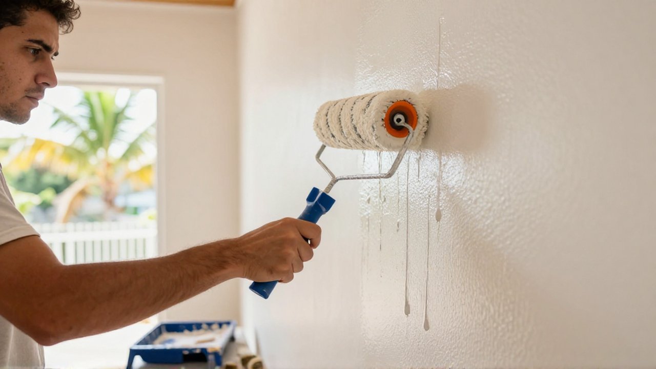A person in their thirties struggles to paint a living room wall, creating thick, uneven streaks with an oversaturated roller.