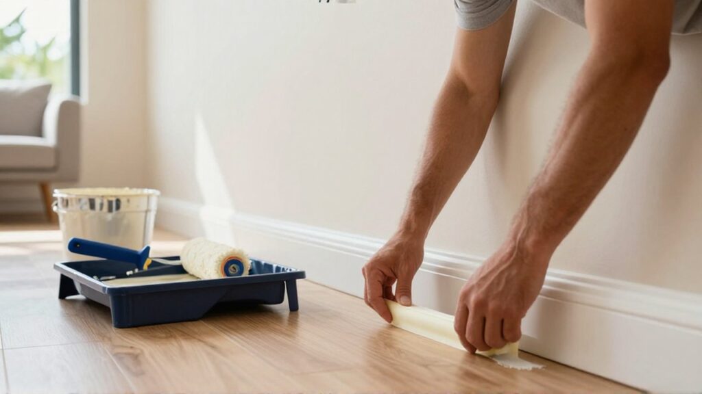 A person applies painter's tape to a white wooden baseboard in a sunlit room.