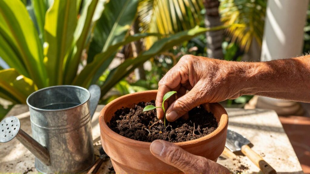 Weathered hands carefully transplant small green seedlings into terracotta soil on a sunlit tropical patio.