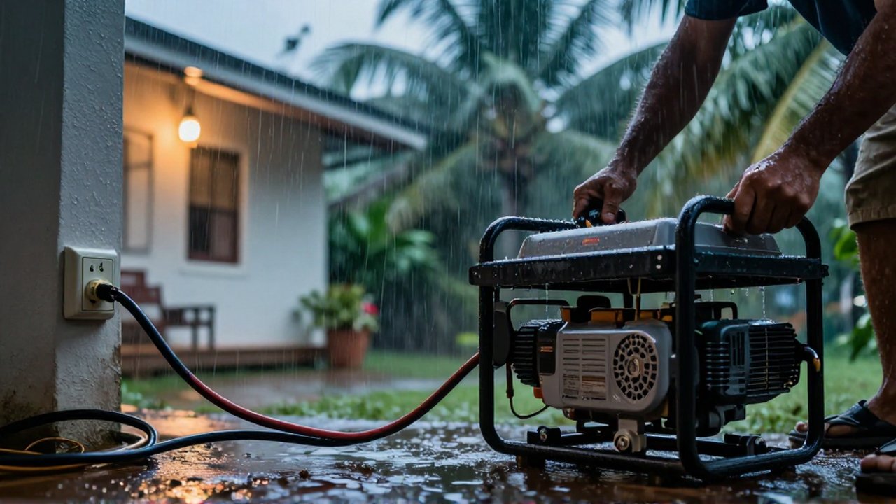Hands attempt to connect a portable generator to an indoor outlet via makeshift wires during a tropical rainstorm.