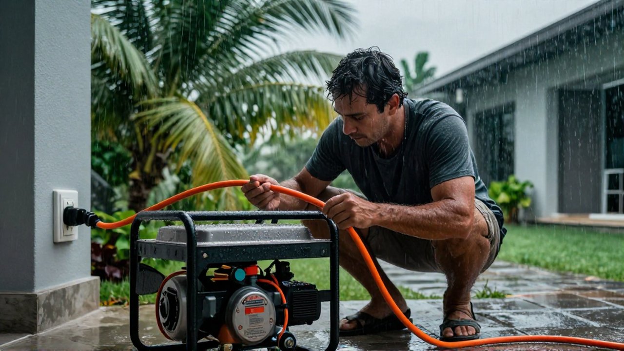 A homeowner inspects a portable generator and an orange extension cord during a heavy tropical rainstorm.