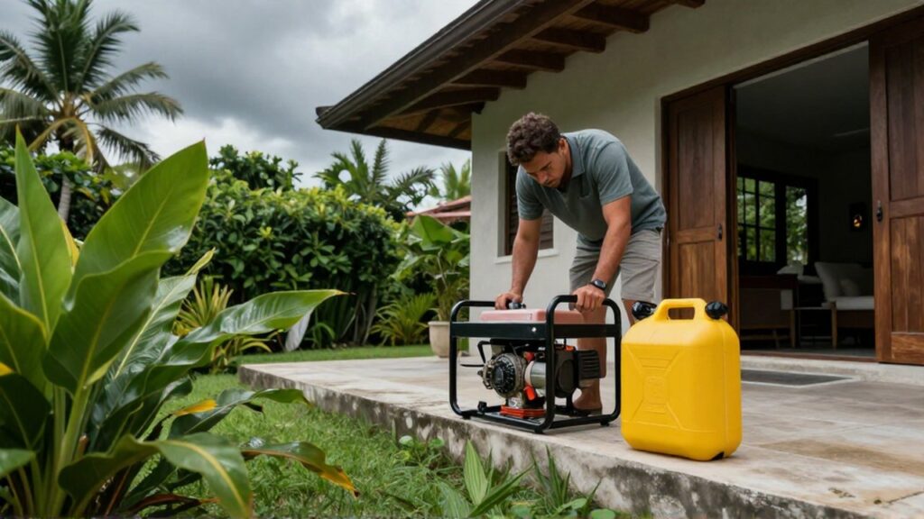 A man in a tropical garden inspects a generator placed at a safe distance from a villa.