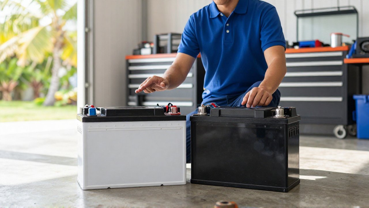 A technician gestures toward a compact lithium battery placed next to a heavy lead-acid battery.