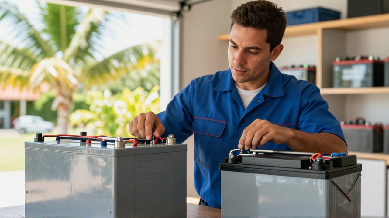 An electrician in a uniform inspects a modern lithium battery module next to a lead-acid battery bank.