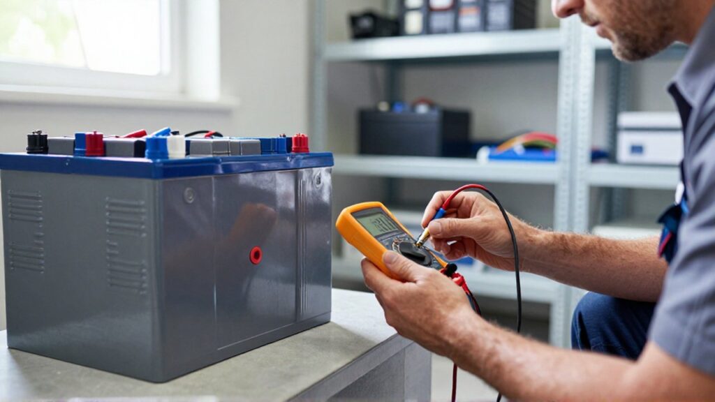 A technician uses a multimeter to inspect a modern lithium battery unit in a utility room.