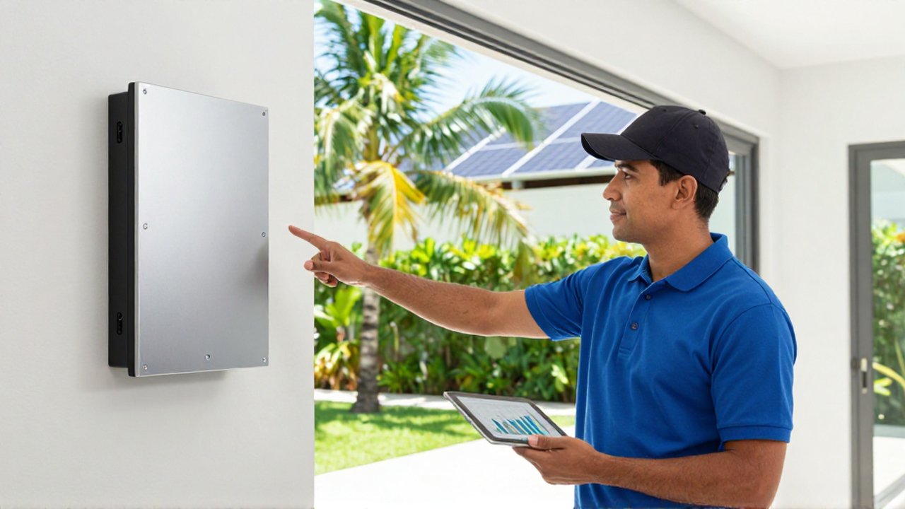 A professional contractor points to a solar inverter while holding a tablet in a bright, modern home.