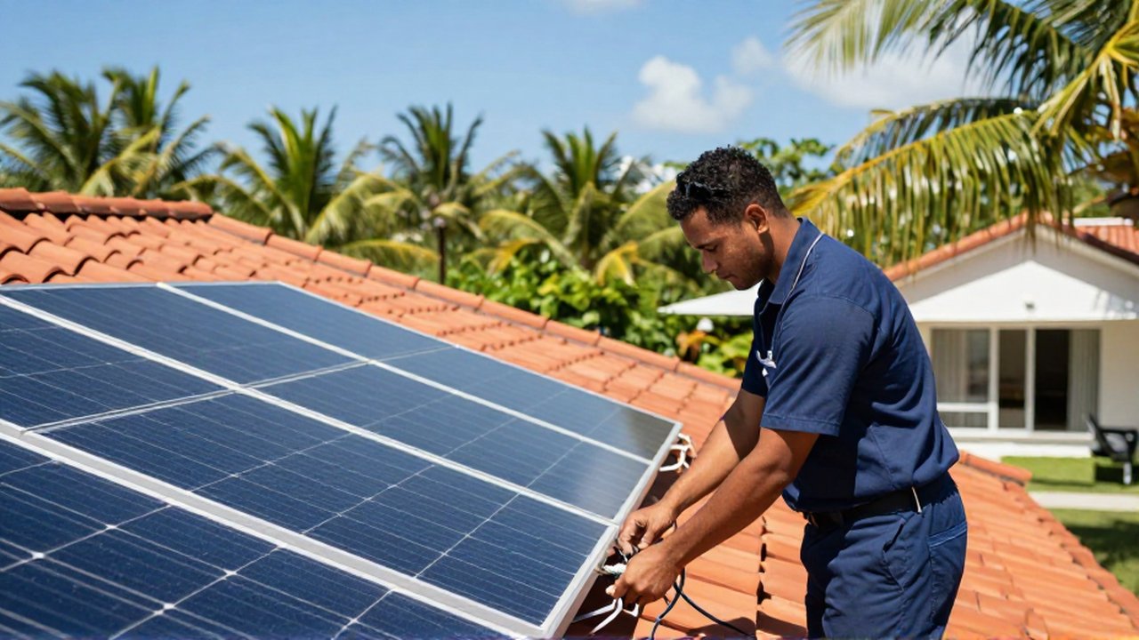 A technician in a clean uniform inspects solar panel wiring on a tropical villa rooftop.