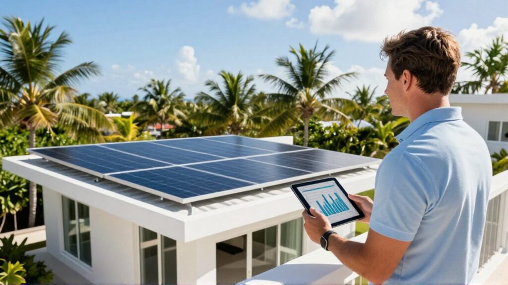 A homeowner looks at a digital tablet while viewing solar panels installed on a tropical villa.