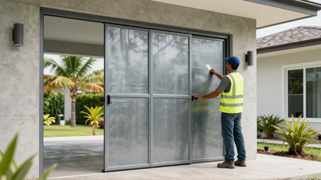A professional contractor inspects a heavy-duty steel storm shelter door installed in a concrete garage.