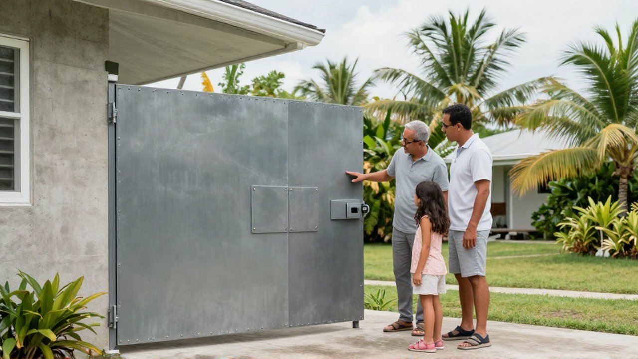 A father and daughter inspect a reinforced steel storm shelter door on their tropical home.