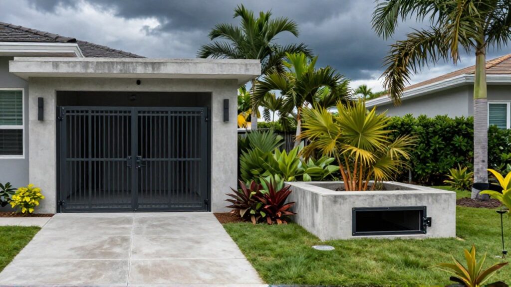 A split-screen comparison shows a reinforced steel storm door on a house and a subterranean concrete cellar hatch in a tropical yard.