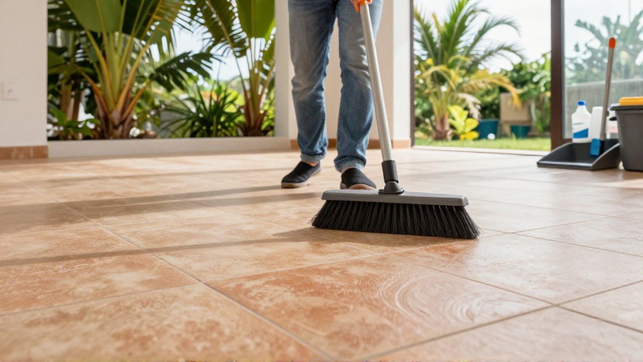 A person sweeps textured ceramic floor tiles with a wide push broom in a sunlit living area.