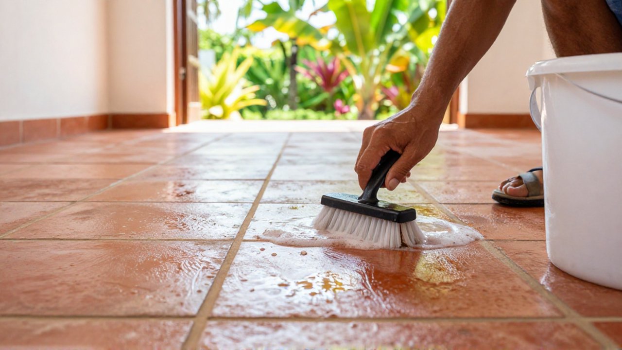 A person scrubs grout lines on a terracotta tile floor in a sunlit tropical patio.